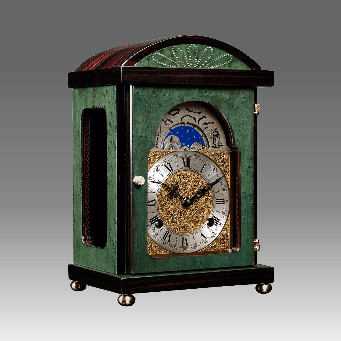 Mante Clock, Table Clock, Cimn Clock, Art.340/4 Erable green wood - Bim Bam melody on Bells, eatched decorated moon fase dial